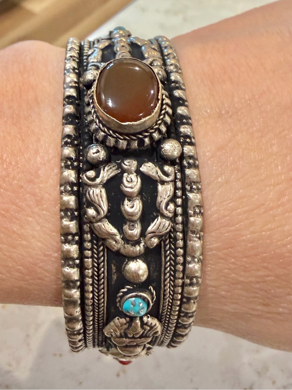 Vintage Tibetan Cuff Bracelet with Carnelian & Turquoise Accent